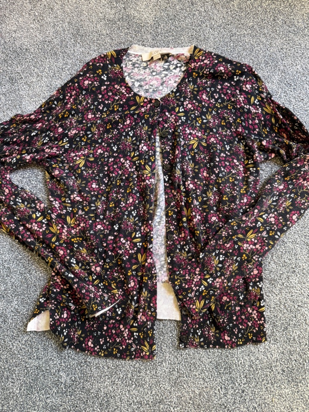 LOFT Black Floral Button-Front Cardigan with Pink & Mustard flowers